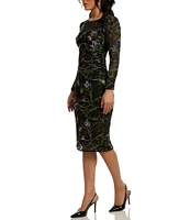 Dress the Population Sophia Mesh Embroidered Round Neck Long Sheer Sleeve Sheath Dress