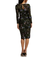 Dress the Population Sophia Mesh Embroidered Round Neck Long Sheer Sleeve Sheath Dress