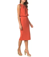 Dress the Population Stretch Crepe Round Neckline Sleeveless Blouson Midi Dress