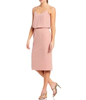 Dress the Population Stretch Crepe V-Neck Sleeveless Knee Length Blouson Dress