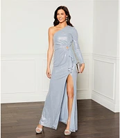 Dress the Population Summer Metallic One Shoulder Long Sleeve O-Ring Cutout Ruffle Side Slit