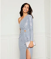 Dress the Population Summer Metallic One Shoulder Long Sleeve O-Ring Cutout Ruffle Side Slit