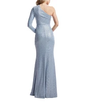 Dress the Population Summer Metallic One Shoulder Long Sleeve O-Ring Cutout Ruffle Side Slit