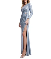 Dress the Population Summer Metallic One Shoulder Long Sleeve O-Ring Cutout Ruffle Side Slit