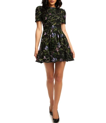 Dress the Population Tanner Floral Embroidered High Neck Puff Sleeve Mini Dress