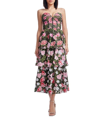 Dress the Population Teigan Sweetheart Corset Tiered Floral Embroidered Fit & Flare Midi Dress