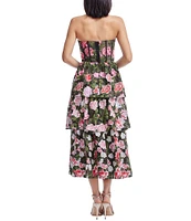 Dress the Population Teigan Sweetheart Corset Tiered Floral Embroidered Fit & Flare Midi Dress