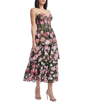 Dress the Population Teigan Sweetheart Corset Tiered Floral Embroidered Fit & Flare Midi Dress