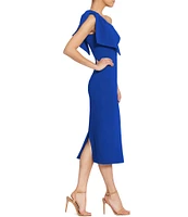 Dress the Population Tiffany One Shoulder Bow Detail Sleeveless Back Slit Midi Sheath Dress