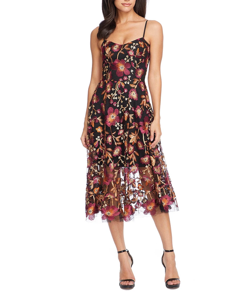 Dress the Population Uma Floral Print Sweetheart Neck Spaghetti Strap Fit & Flare Dress