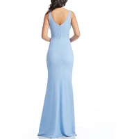 Dress the Population V-Neck Side Ruched Front Slit Crepe Sheath Gown