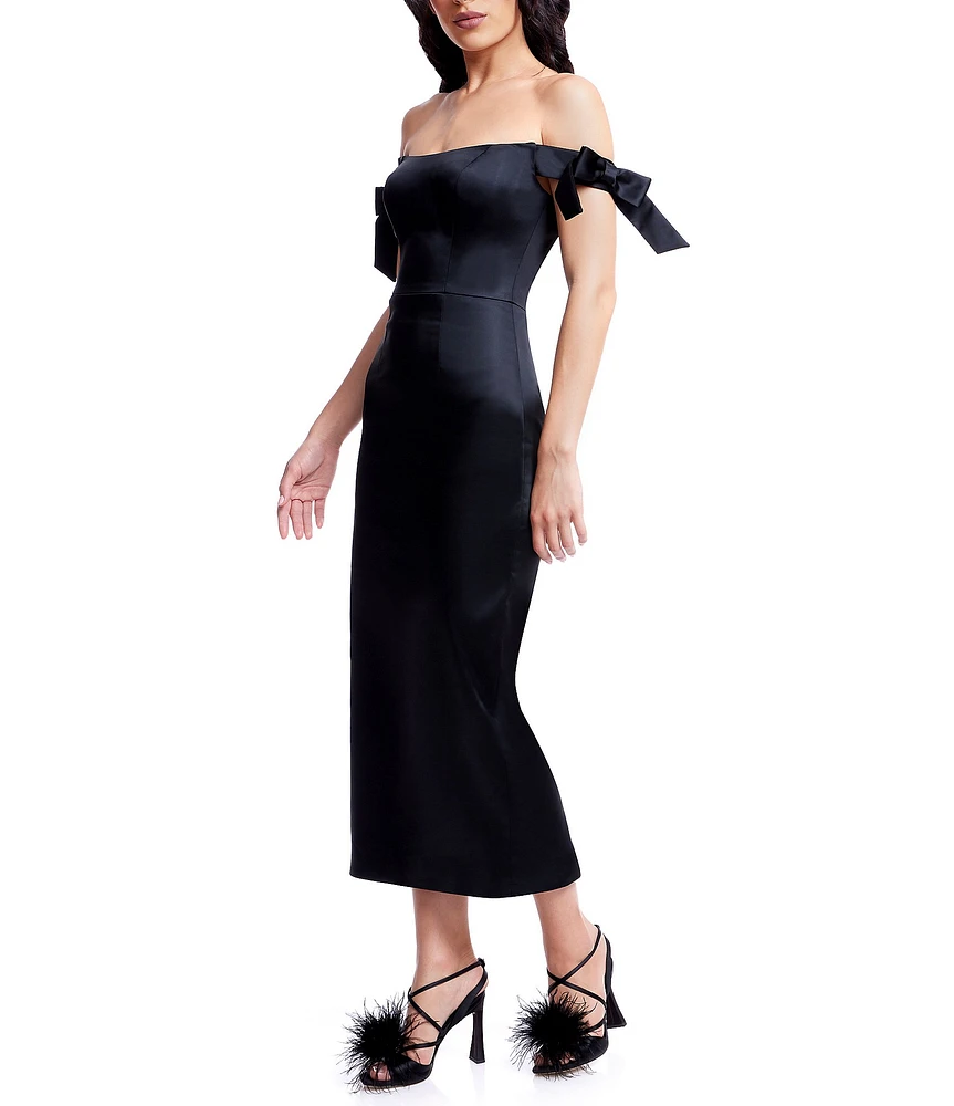 Dress the Population Verona Satin Off The Shoulder Cap Sleeve Bow Detail Sheath Dress