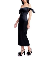 Dress the Population Verona Satin Off The Shoulder Cap Sleeve Bow Detail Sheath Dress