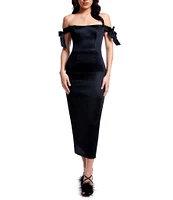 Dress the Population Verona Satin Off The Shoulder Cap Sleeve Bow Detail Sheath Dress