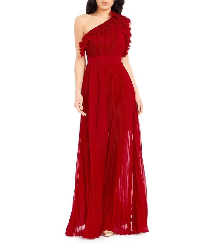 Dress the Population Vida Ruffle One Shoulder Sleeveless Pleated Gown