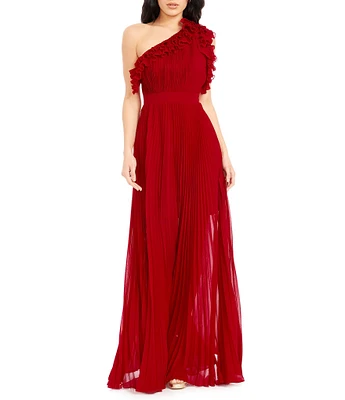 Dress the Population Vida Ruffle One Shoulder Sleeveless Pleated Gown