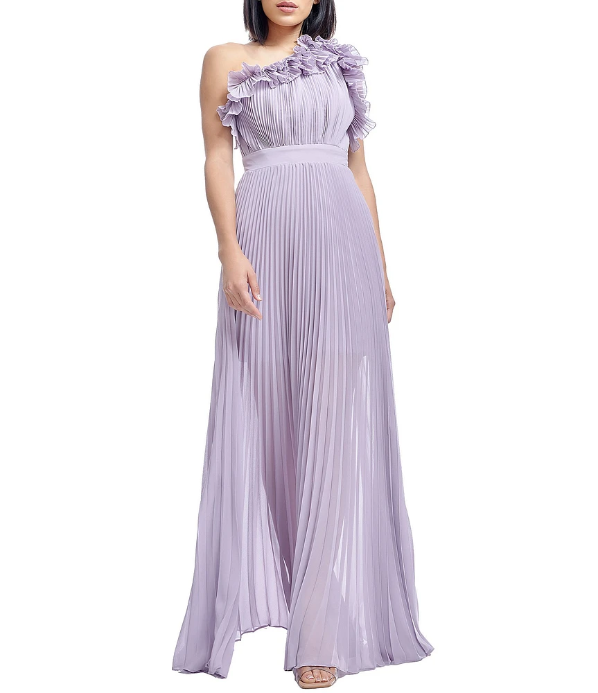 Dress the Population Vida Ruffle One Shoulder Sleeveless Pleated Gown