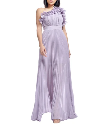 Dress the Population Vida Ruffle One Shoulder Sleeveless Pleated Gown