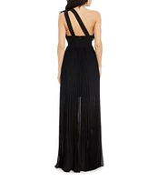 Dress the Population Vida Ruffle One Shoulder Sleeveless Pleated Gown