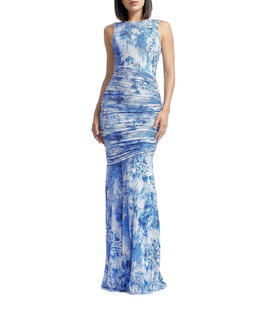 Dress the Population Violetta Graphic Print Crew Neck Sleeveless Ruched Mermaid Gown