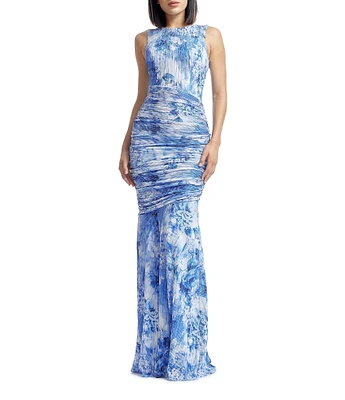 Dress the Population Violetta Graphic Print Crew Neck Sleeveless Ruched Mermaid Gown