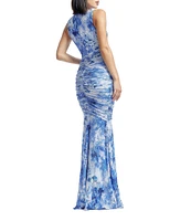 Dress the Population Violetta Graphic Print Crew Neck Sleeveless Ruched Mermaid Gown