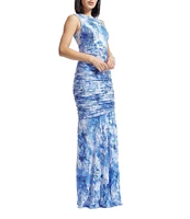 Dress the Population Violetta Graphic Print Crew Neck Sleeveless Ruched Mermaid Gown