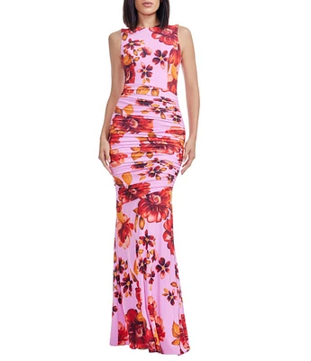 Dress the Population Violetta Round Neck Sleeveless Floral Print Chiffon Ruched Maxi Dress