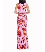 Dress the Population Violetta Round Neck Sleeveless Floral Print Chiffon Ruched Maxi Dress