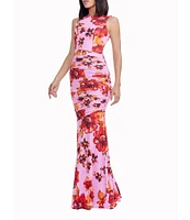 Dress the Population Violetta Round Neck Sleeveless Floral Print Chiffon Ruched Maxi Dress