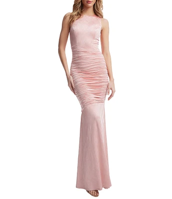 Dress the Population Violetta Round Neck Sleeveless Ruched Mermaid Gown