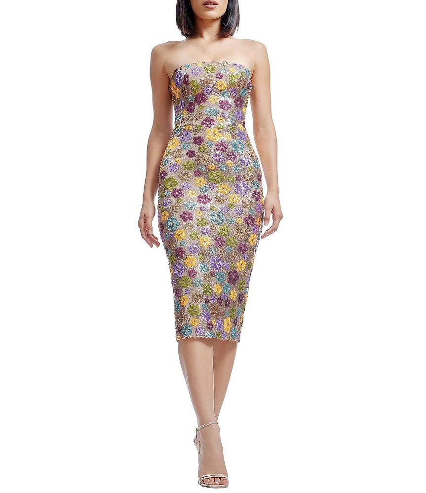 Dress the Population Viviana Sequin Floral Print Strapless Neck Sleeveless Sheath Midi Dress