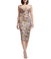 Dress the Population Viviana Sequin Floral Print Strapless Neck Sleeveless Sheath Midi Dress