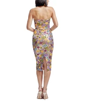 Dress the Population Viviana Sequin Floral Print Strapless Neck Sleeveless Sheath Midi Dress