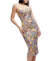 Dress the Population Viviana Sequin Floral Print Strapless Neck Sleeveless Sheath Midi Dress