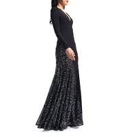 Dress the Population Winnie Sequin V-Neck Long Sleeve Godet Sheath Gown