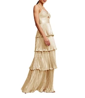 Dress the Population Zahrah Sweetheart Neck Cut Out Foiled Georgette Tiered Ruffle A-Line Gown