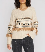 Driftwood Geometric 3D Tassel Pom-Pom Knit Crew Neck Long Sleeve Pullover Sweater