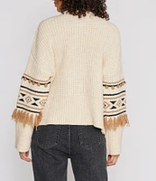 Driftwood Geometric 3D Tassel Pom-Pom Knit Crew Neck Long Sleeve Pullover Sweater