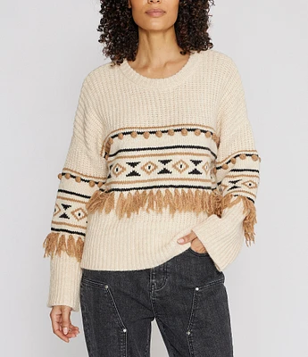 Driftwood Geometric 3D Tassel Pom-Pom Knit Crew Neck Long Sleeve Pullover Sweater