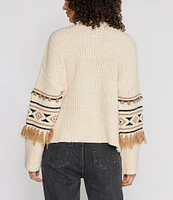 Driftwood Geometric 3D Tassel Pom-Pom Knit Crew Neck Long Sleeve Pullover Sweater