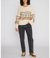 Driftwood Geometric 3D Tassel Pom-Pom Knit Crew Neck Long Sleeve Pullover Sweater