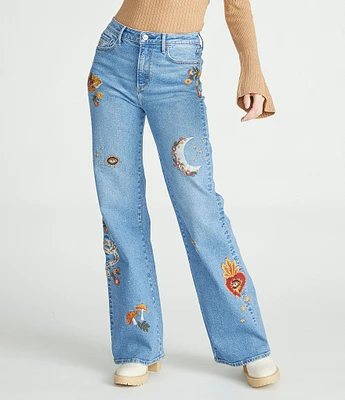 Driftwood Charlee Hallucination Denim Embroidered High Rise Wide Straight Leg Jean