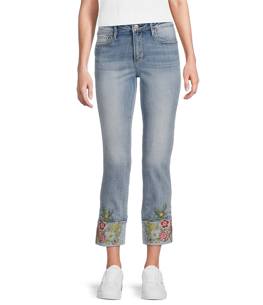 Driftwood Colette Stretch Denim Floral Embroidered Cuffed Cropped Straight Leg Jeans