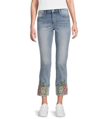 Driftwood Colette Stretch Denim Floral Embroidered Cuffed Cropped Straight Leg Jeans