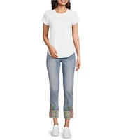 Driftwood Colette Stretch Denim Floral Embroidered Cuffed Cropped Straight Leg Jeans