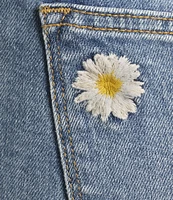Driftwood Colette Stretch Denim Embroidered Daisy Cuffed Cropped Straight Leg Jeans