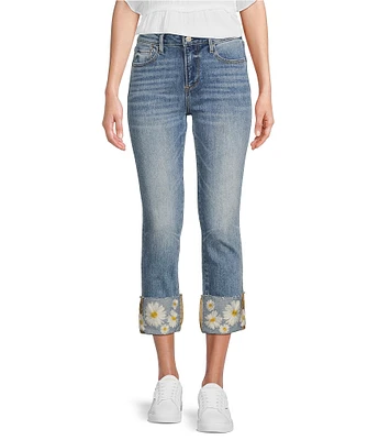 Driftwood Colette Stretch Denim Embroidered Daisy Cuffed Cropped Straight Leg Jeans