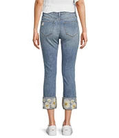 Driftwood Colette Stretch Denim Embroidered Daisy Cuffed Cropped Straight Leg Jeans