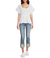 Driftwood Colette Stretch Denim Embroidered Daisy Cuffed Cropped Straight Leg Jeans